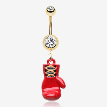 Golden Champ Red Boxing Glove Belly Button Ring-Clear Gem/Red